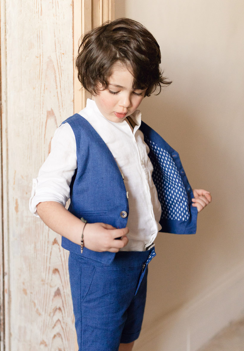 Gilet bleu roi de costume confortable pour enfants en lin et coton