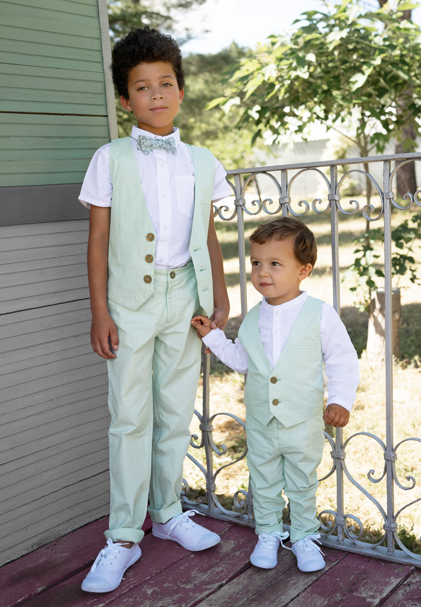 Ensemble de costume pour garcons en lin et coton vert foncé enfant